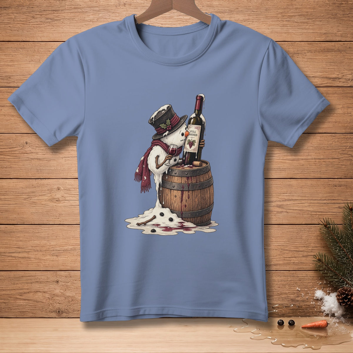 Snowman with wine bottle on barrel, wearing top hat and scarf.
