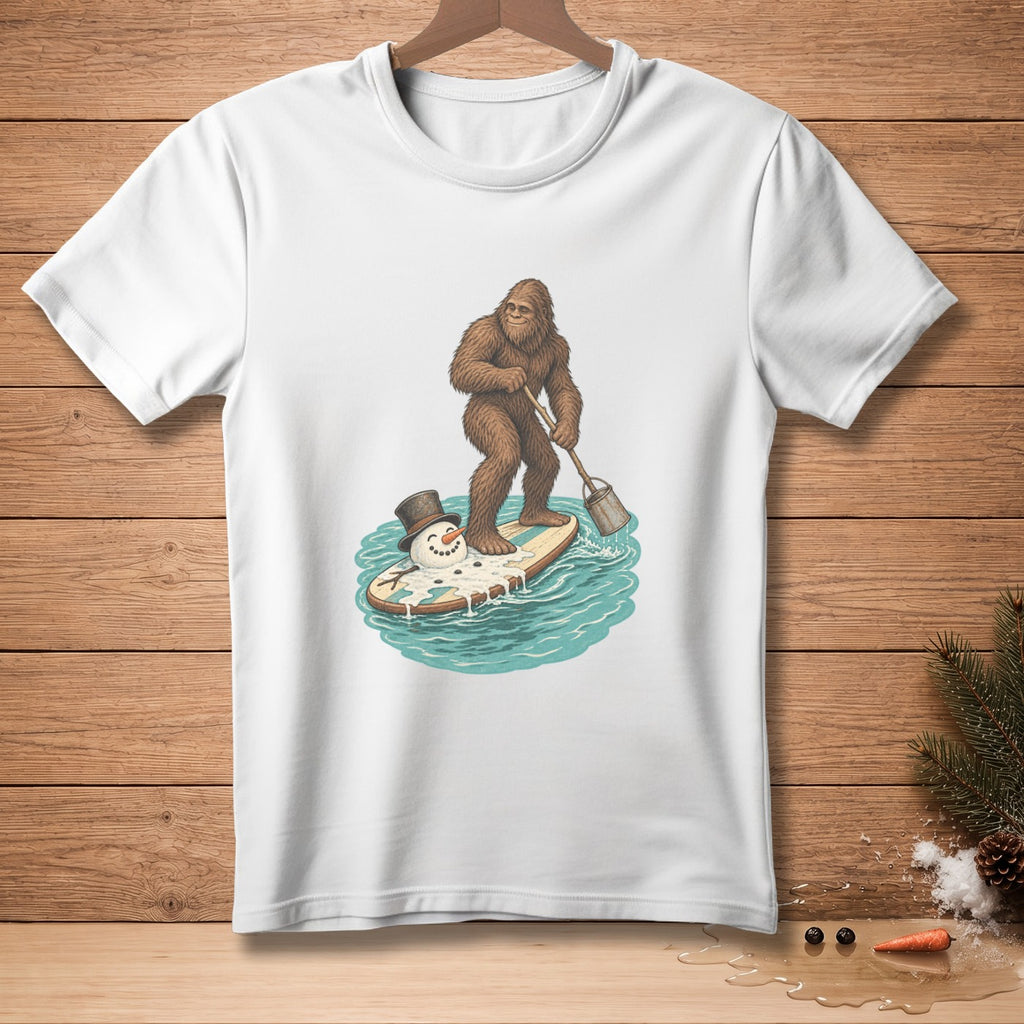 Bigfoot paddles a surfboard with a melting snowman towards a melting snowman.