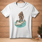 Bigfoot paddles a surfboard with a melting snowman towards a melting snowman.