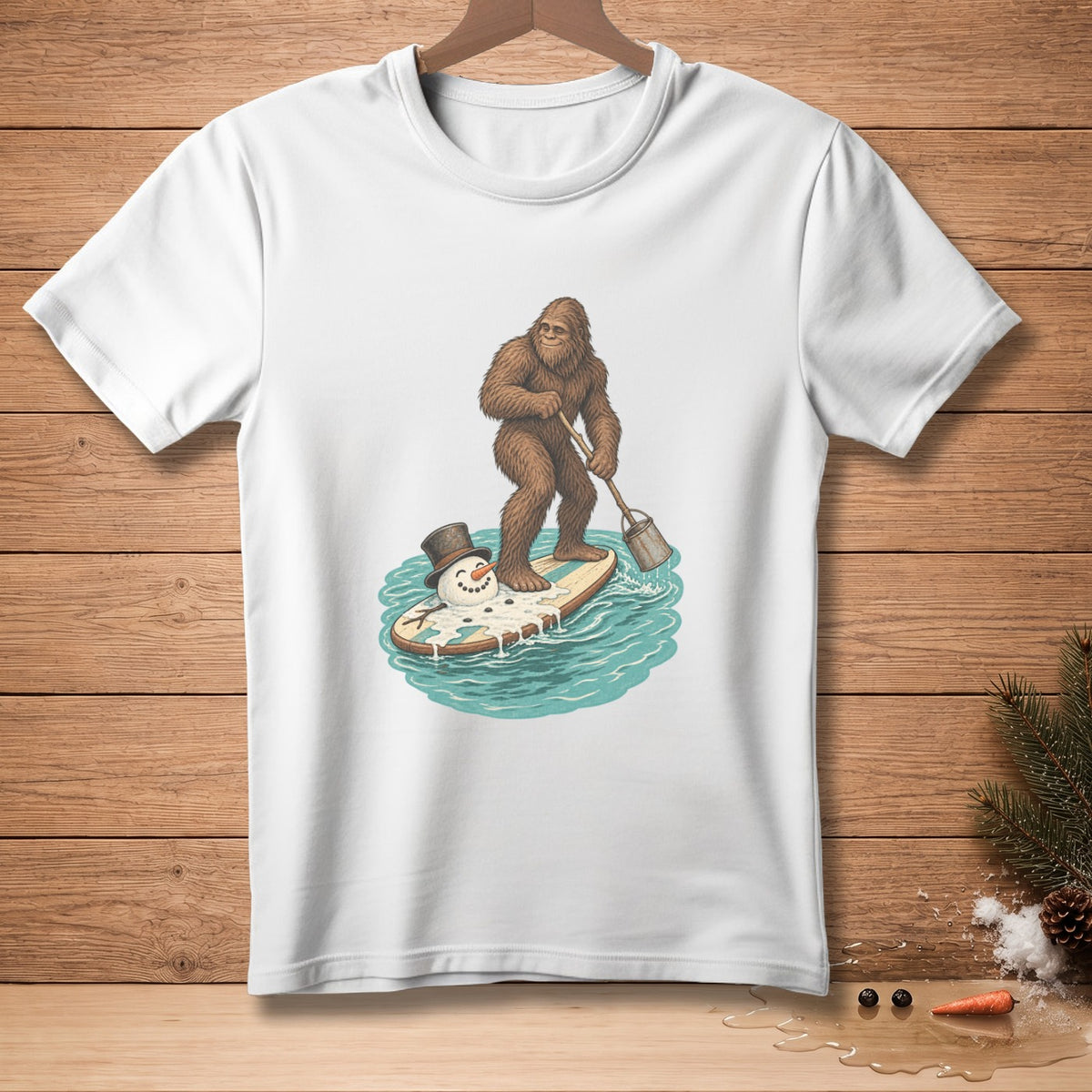 Bigfoot paddles a surfboard with a melting snowman towards a melting snowman.