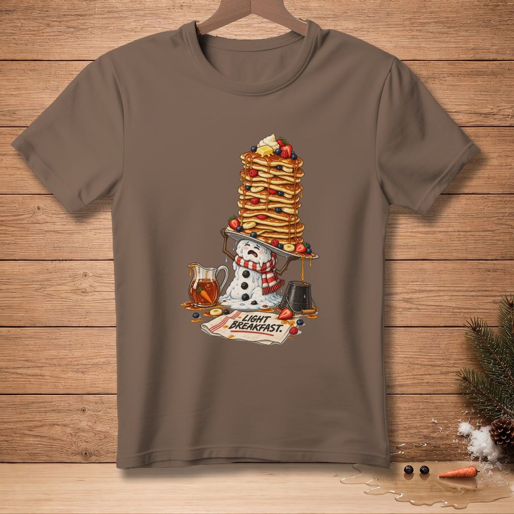 Melting snowman with a pancake stack and "Light Breakfast." text on a brown t-shirt.