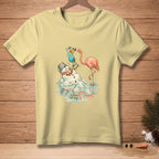 Flamingo offers a tropical drink to a melting snowman in a puddle.