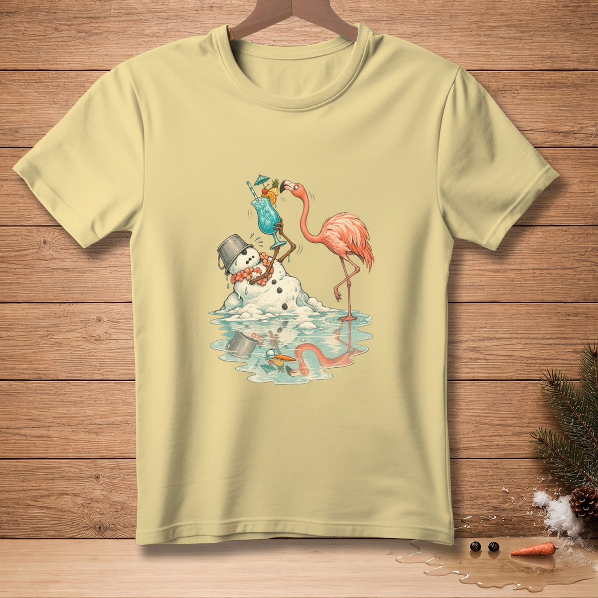 Flamingo offers a tropical drink to a melting snowman in a puddle.
