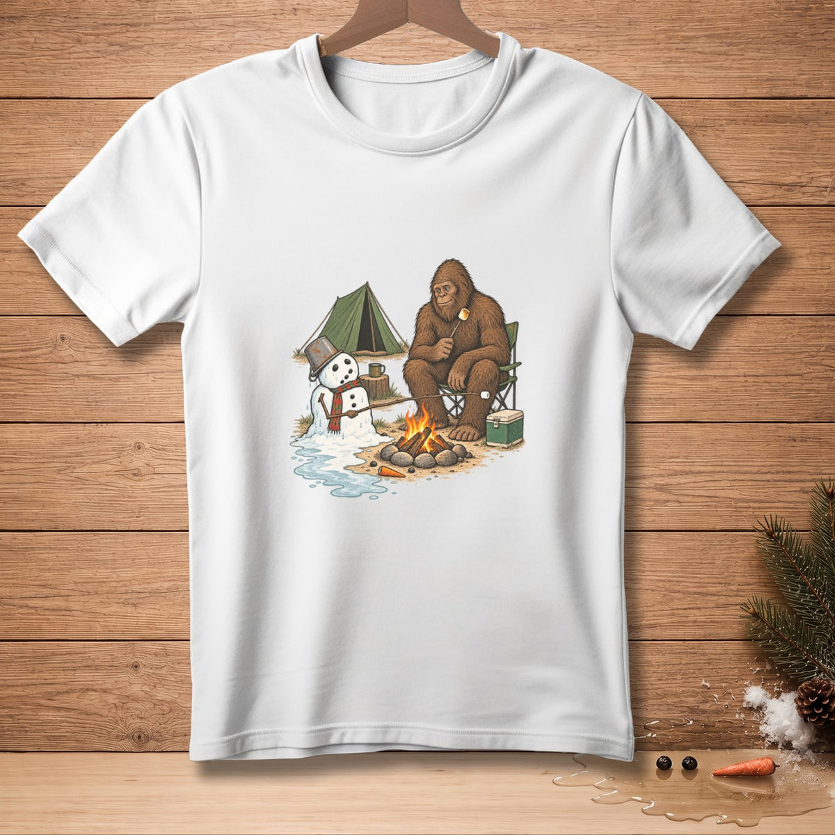 Bigfoot roasts a marshmallow by a campfire with a melting snowman and tent.