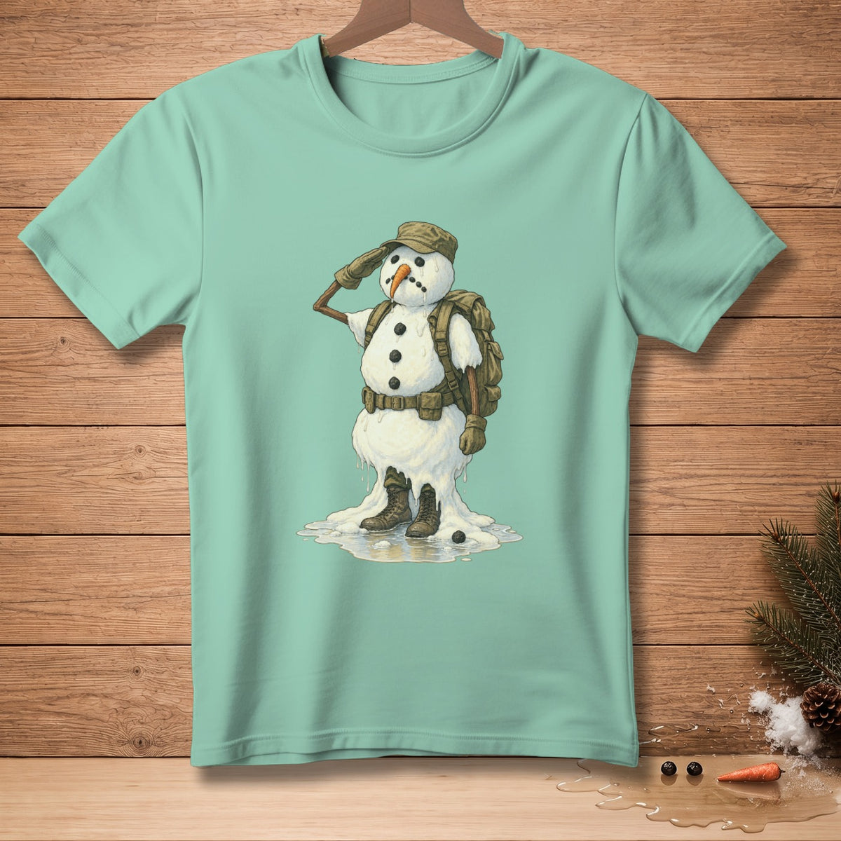 Snowman in military uniform saluting, wearing a backpack and boots.