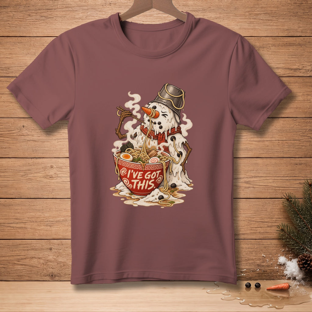 Snowman eating ramen with text "I'VE GOT THIS" on red bowl.