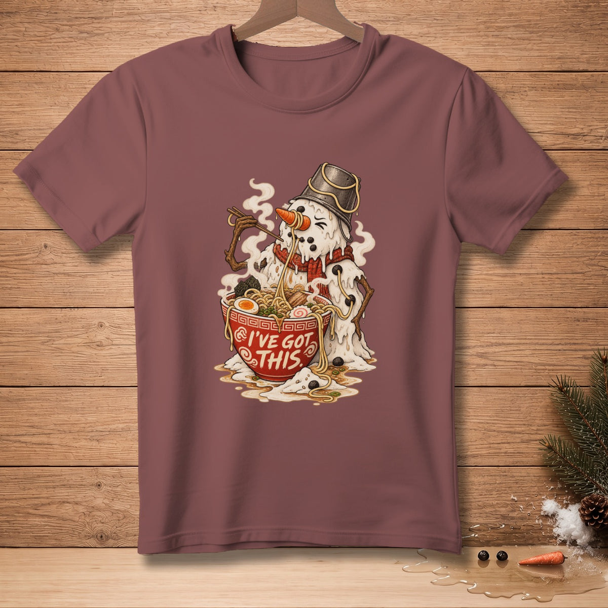 Snowman eating ramen with text "I'VE GOT THIS" on red bowl.