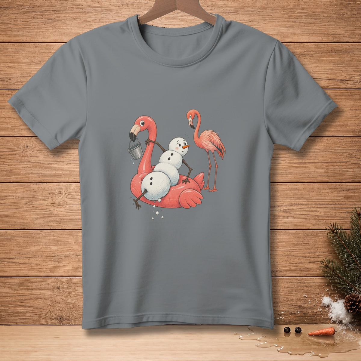 Snowman and flamingo on inflatable float, with melting snow.