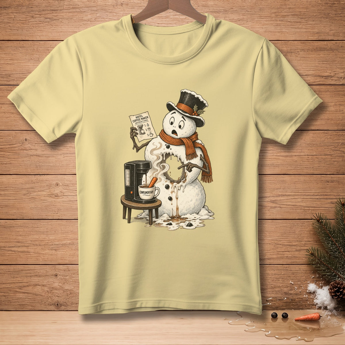 Melting snowman reads hotel coffee maker instructions next to a coffee maker.