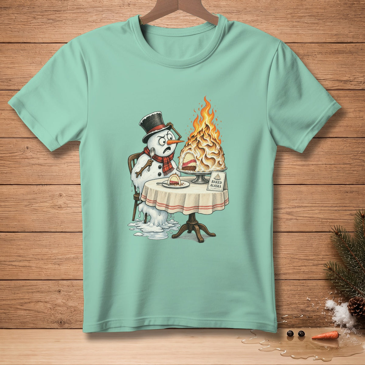 Melting snowman sits by a flaming baked Alaska cake on a table.