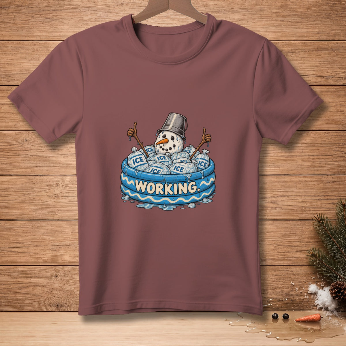 Snowman in an inflatable pool filled with bags of ice, with "Working." text.