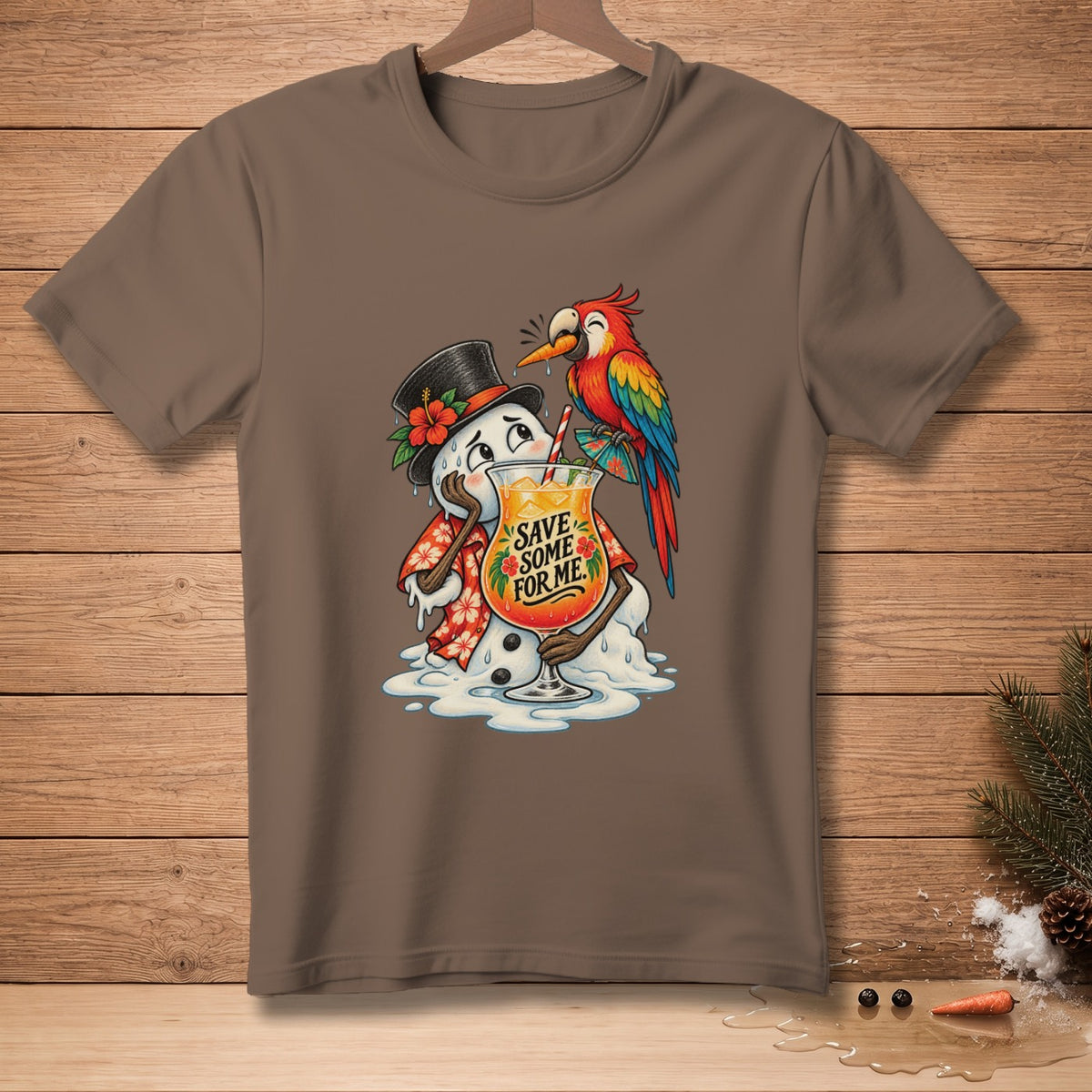 Melting snowman in Hawaiian shirt and top hat holds cocktail with text "Save Some For Me".