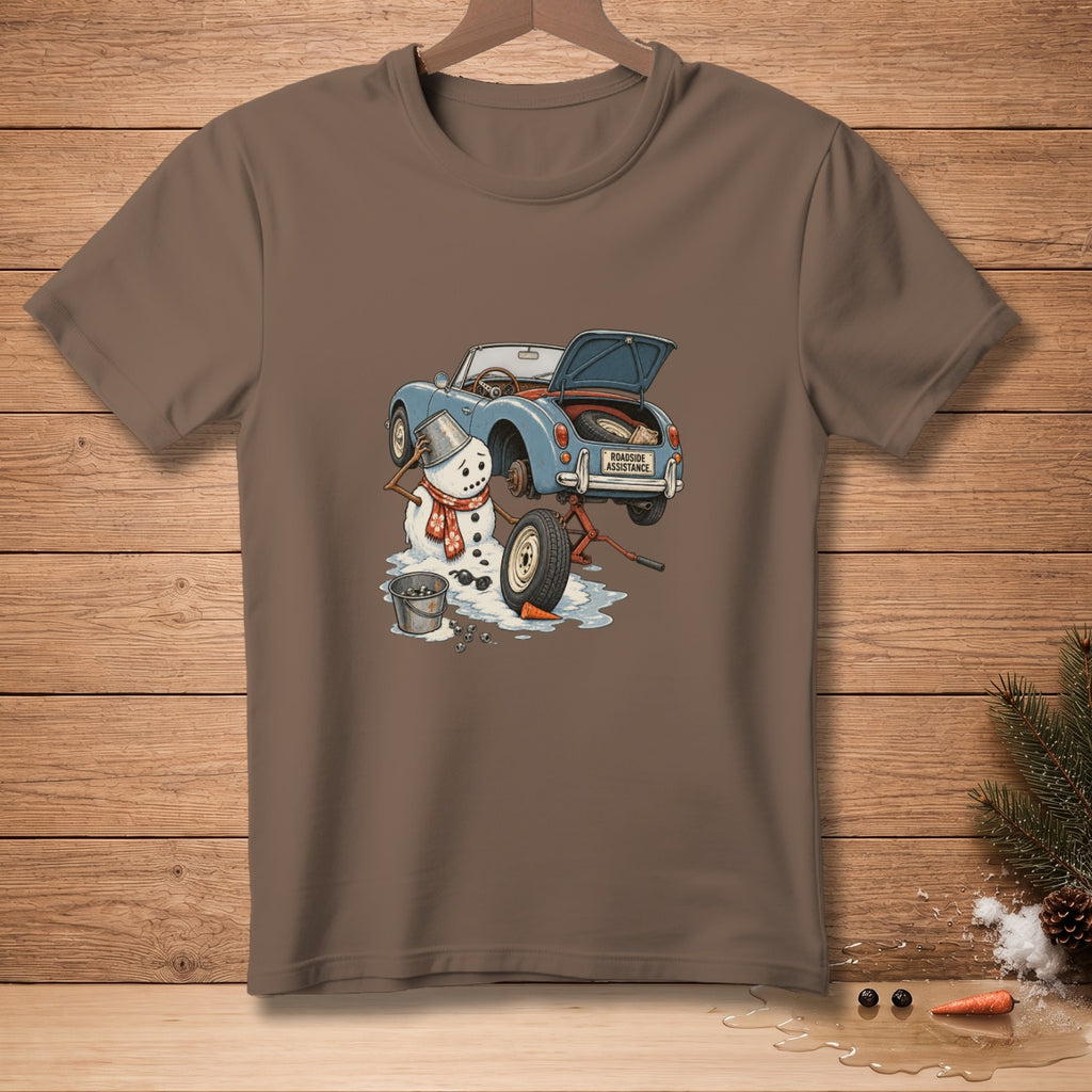 Snowman changing tire on blue convertible, with "Roadside Assistance" on license plate.