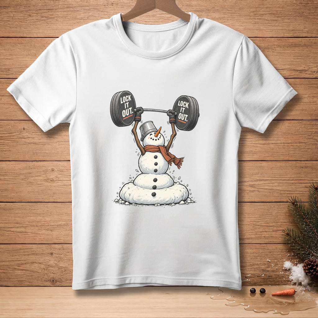 Snowman wearing scarf lifting barbell with "Lock it Out" text.