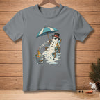 Melting snowman in deck chair under umbrella with beer, text reads "Thought this through."