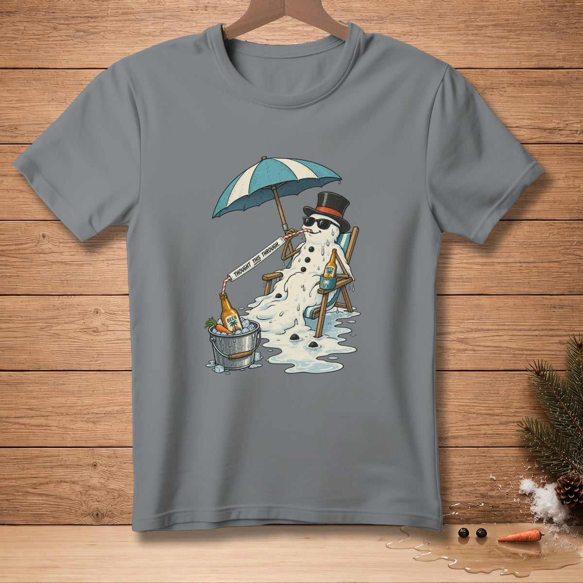 Melting snowman in deck chair under umbrella with beer, text reads "Thought this through."
