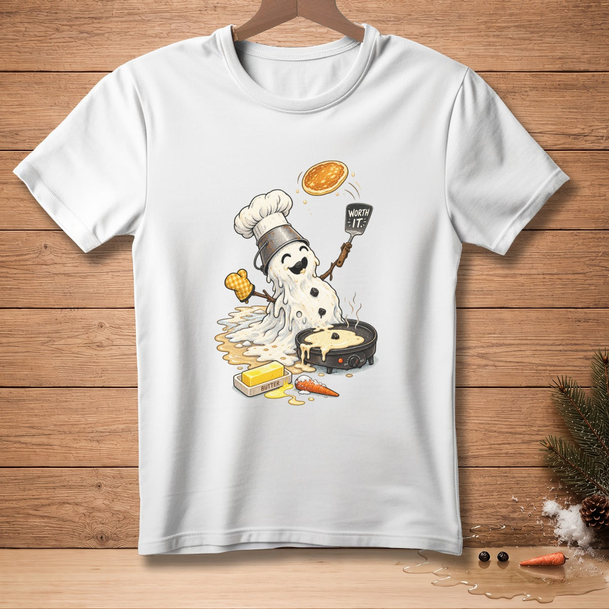 Melting snowman chef flipping pancake with "WORTH IT." spatula.