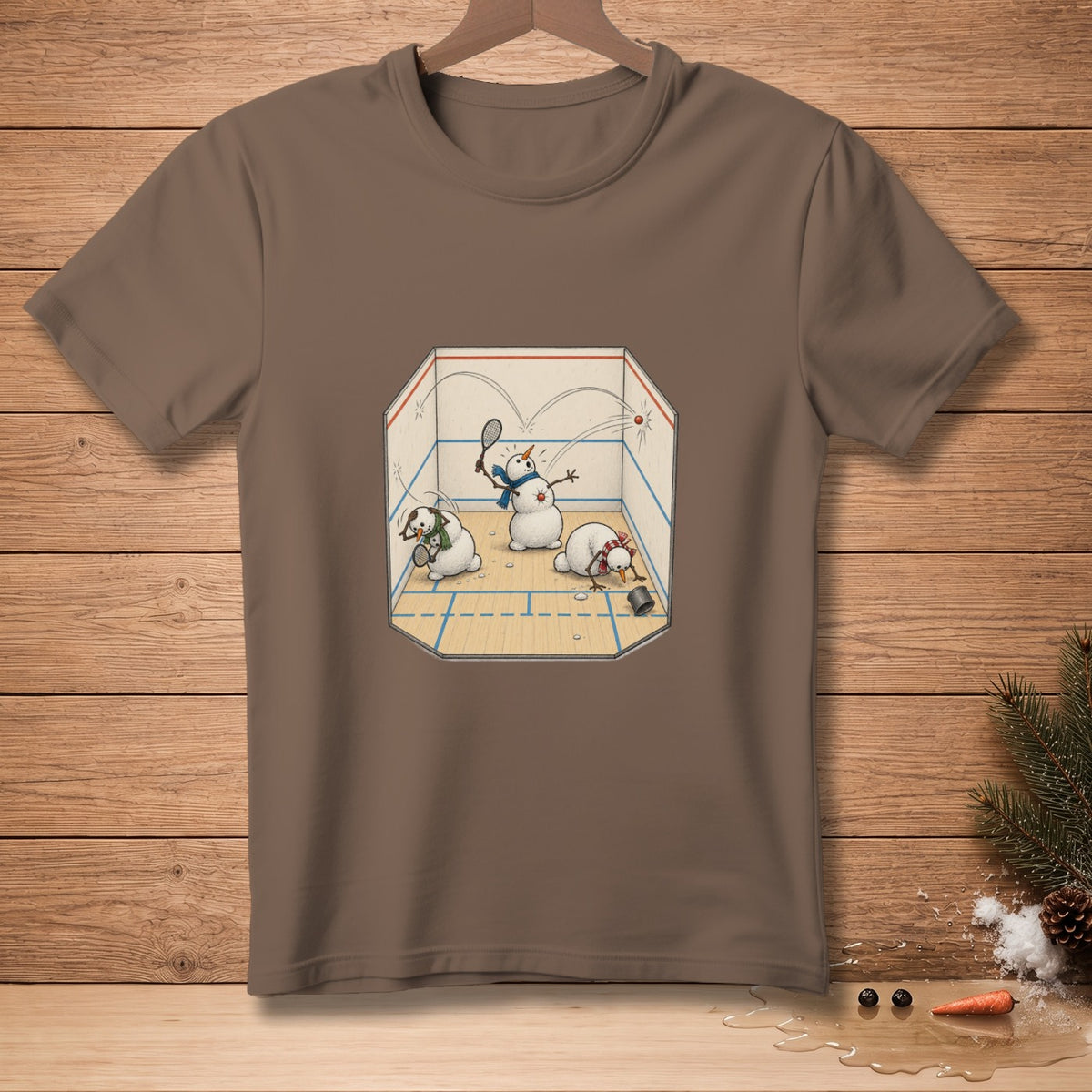 Snowmen play squash in a court, one hits a ball, another bends low.
