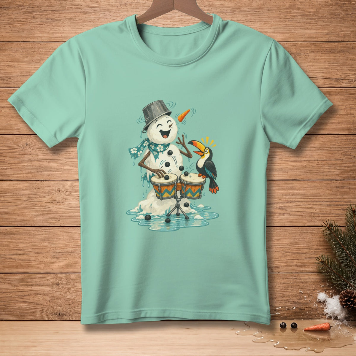 Snowman playing drums with a toucan on a light blue t-shirt.