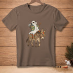 Snowman with sunglasses and aloha shirt rides a donkey, holding a bucket.