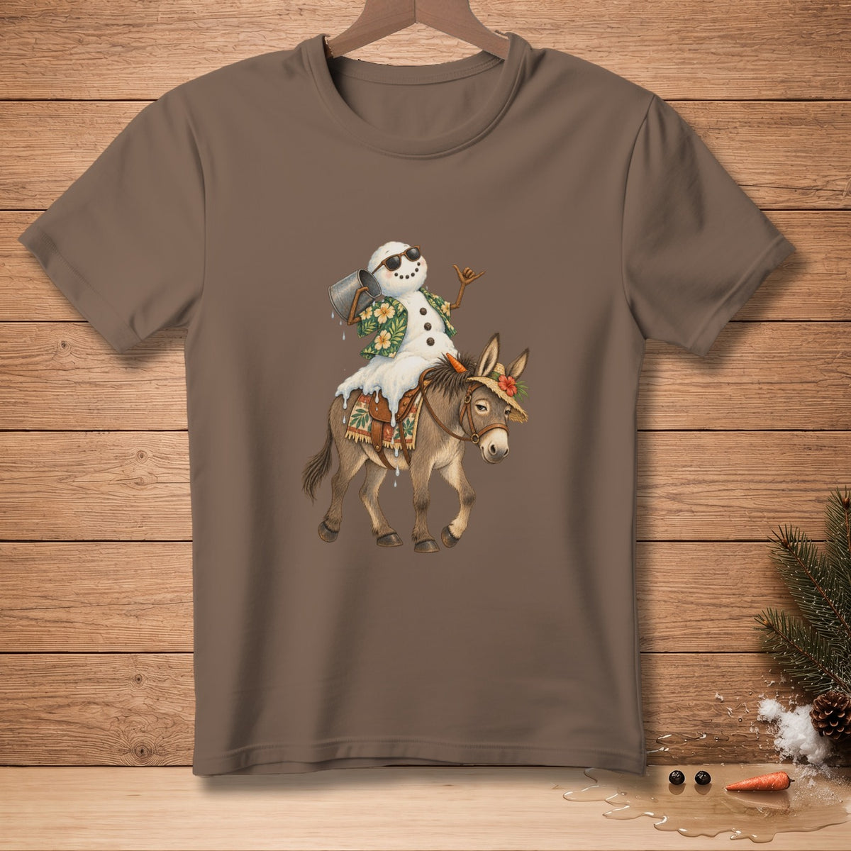 Snowman with sunglasses and aloha shirt rides a donkey, holding a bucket.