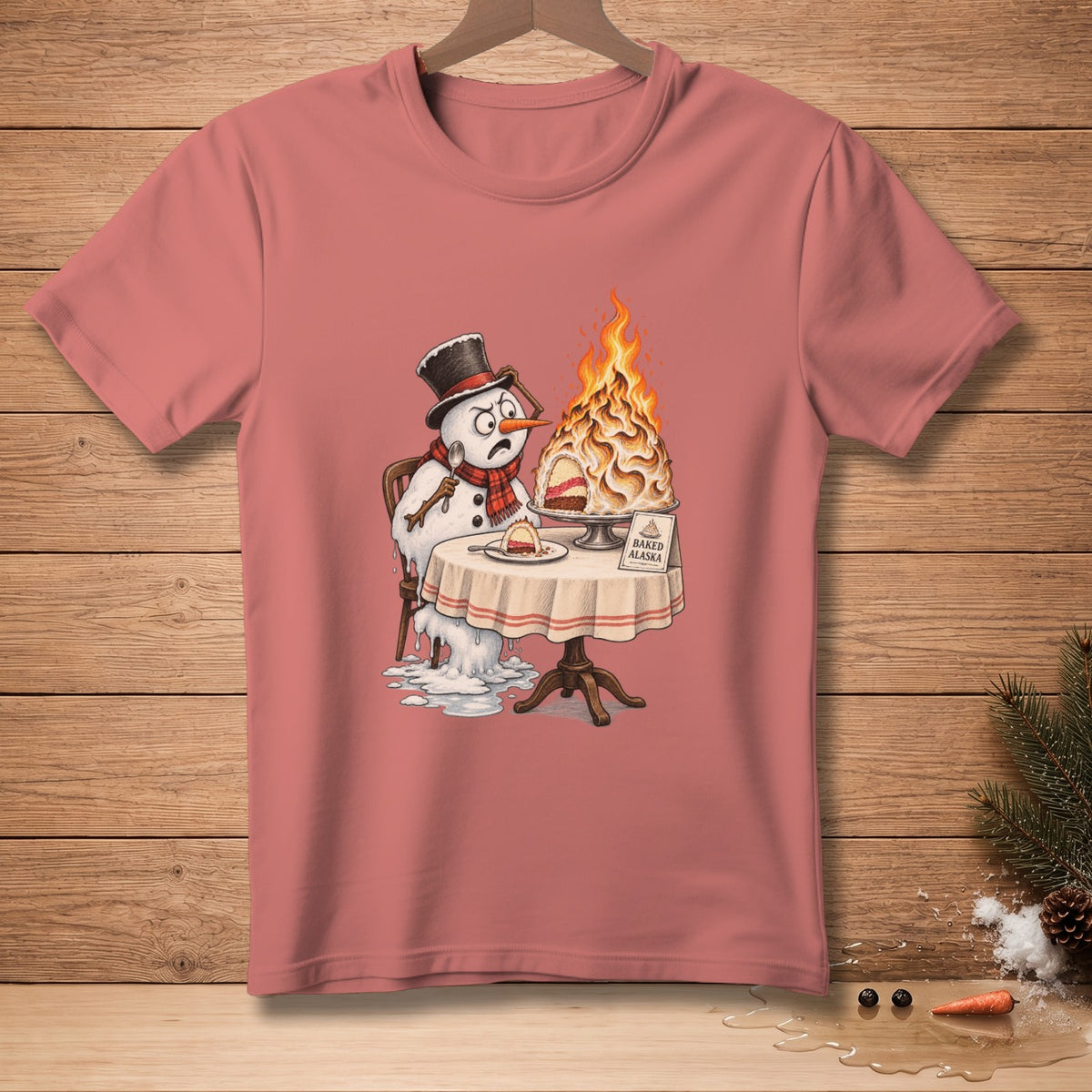 Snowman melts while holding a spoon, facing a flaming Baked Alaska dessert.