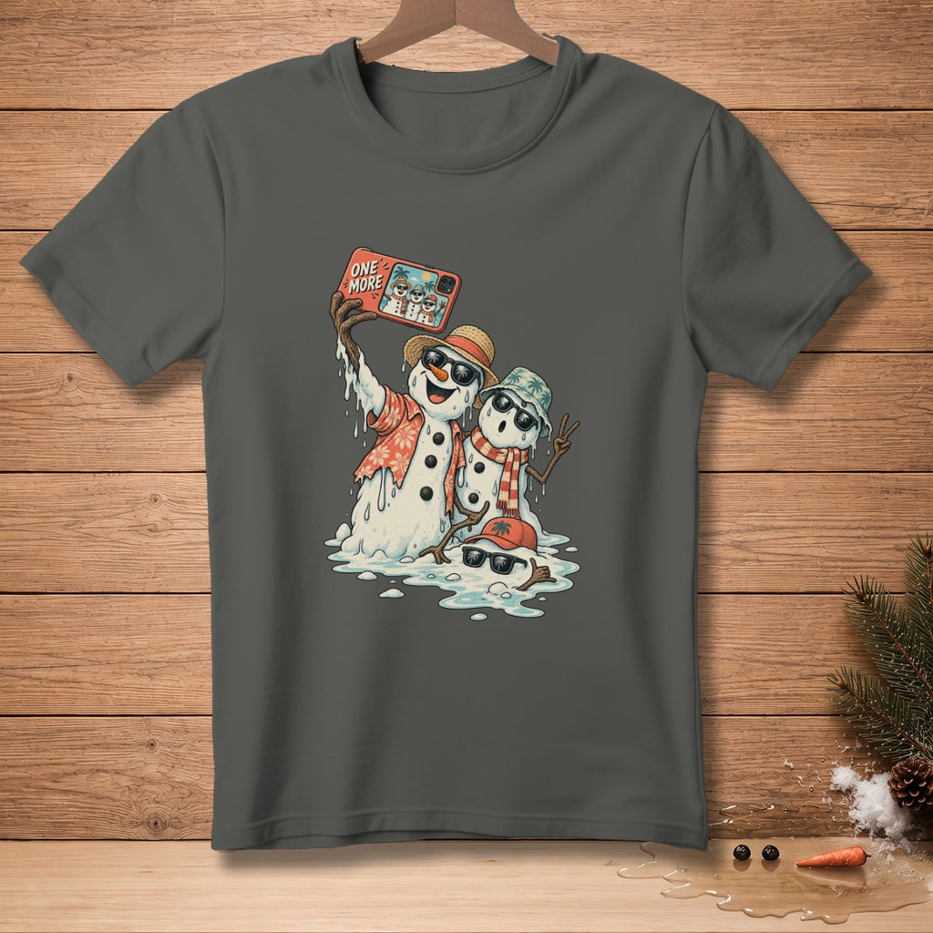 Melting snowmen taking a selfie with text "ONE MORE" on their phone.
