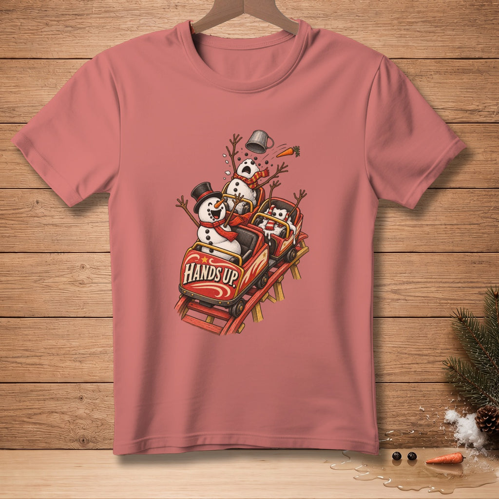 Snowmen on a rollercoaster with "Hands Up" text on the cart.