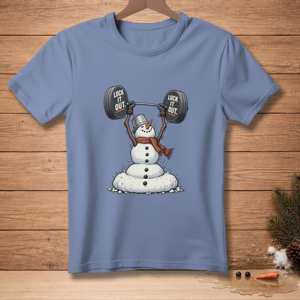 Snowman in a scarf lifting a barbell with "LOCK IT OUT" on weights.
