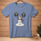 Snowman in a scarf lifting a barbell with "LOCK IT OUT" on weights.