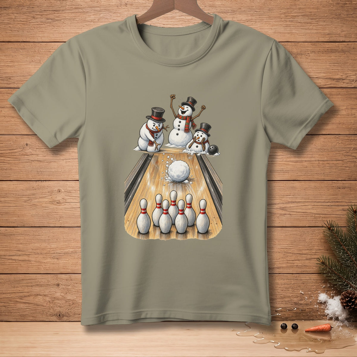 Three snowmen in top hats bowl on a wooden lane with a snowball and pins.
