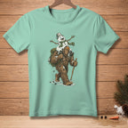 Bigfoot carrying a melting snowman with a bucket on its head.