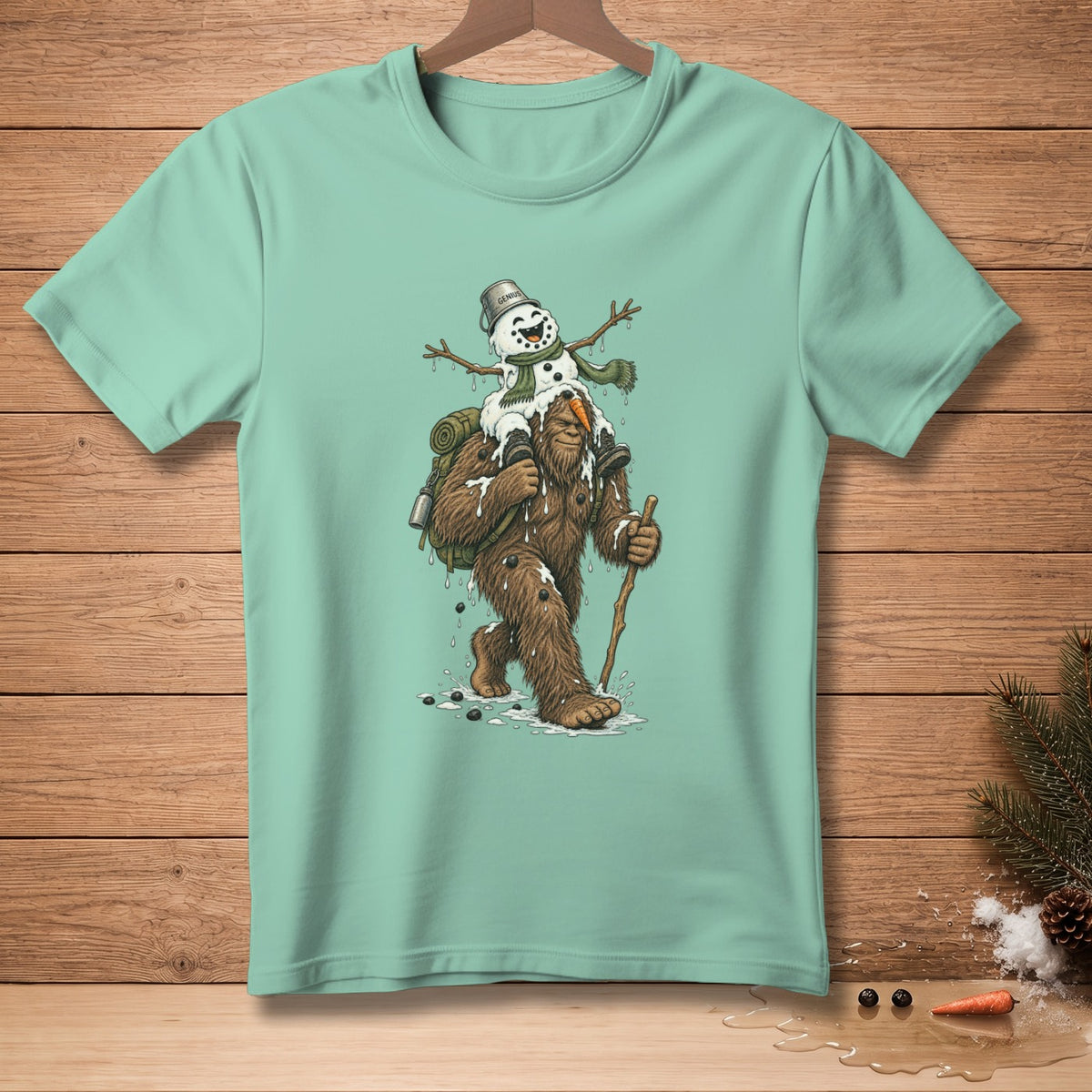 Bigfoot carrying a melting snowman with a bucket on its head.