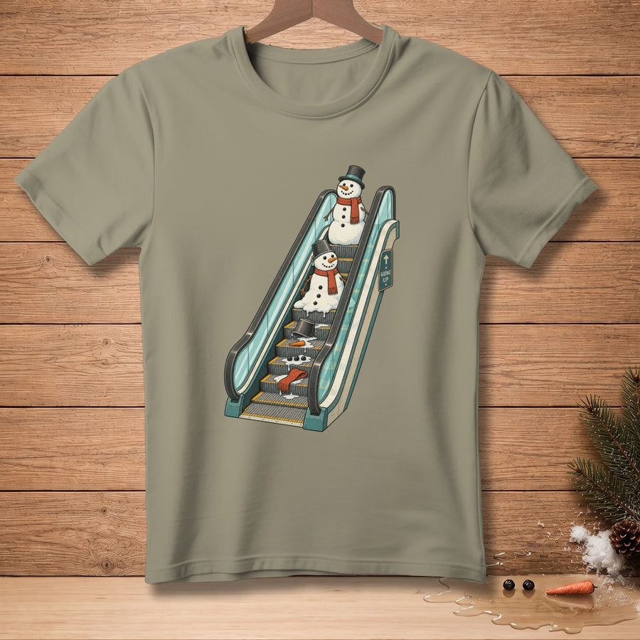 Two melting snowmen with hats and scarves ride an escalator upwards.