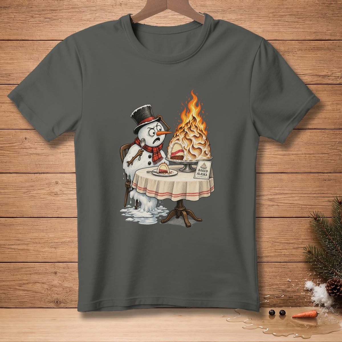 Melting snowman with fiery baked Alaska and "Baked Alaska" text.