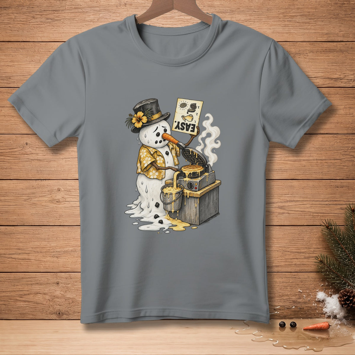 Snowman in Hawaiian shirt and top hat makes waffles, text says EASY.