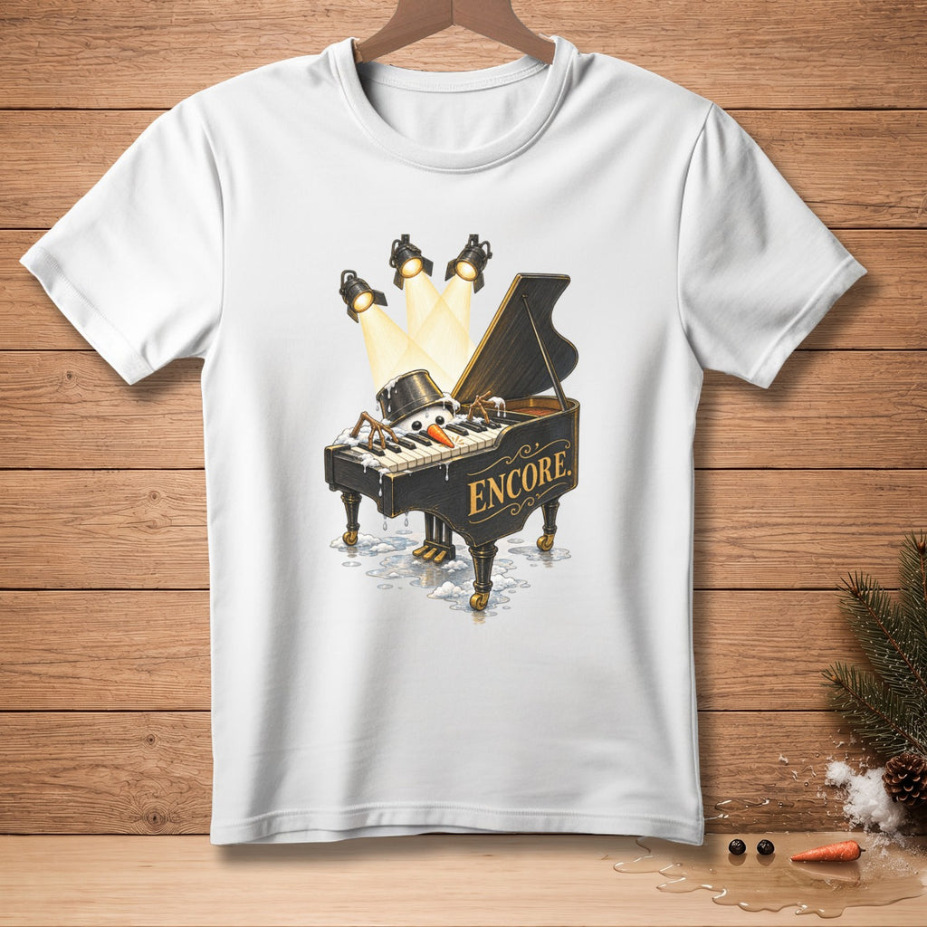 Snowman playing grand piano with "Encore" text under spotlights.
