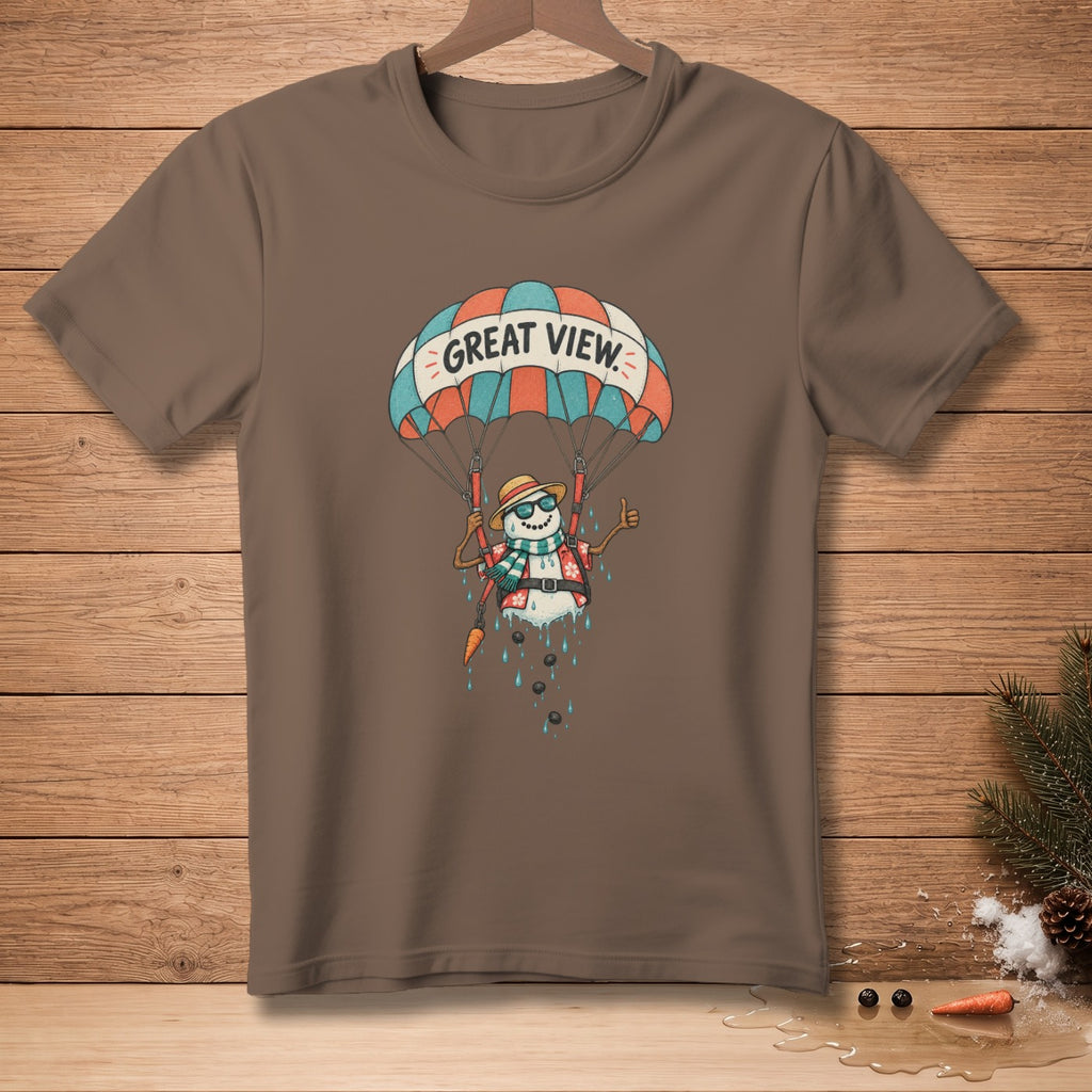 Brown t-shirt with a melting snowman paragliding with text "GREAT VIEW".