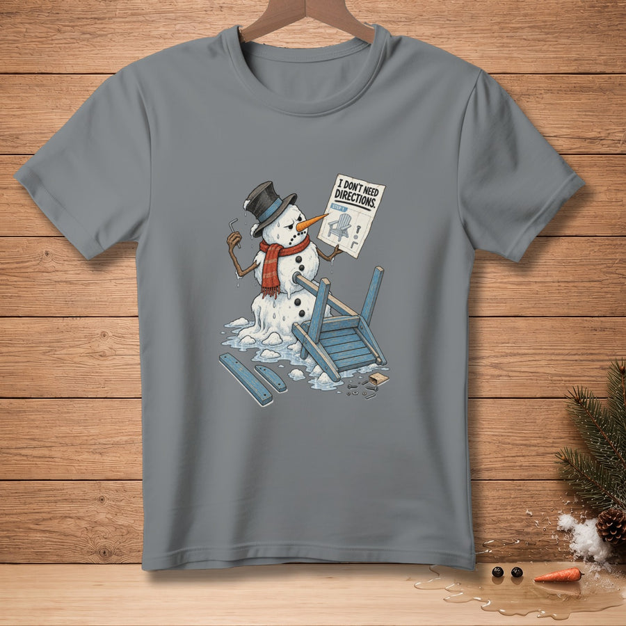Snowman assembling chair with instructions reading "I don't need directions."