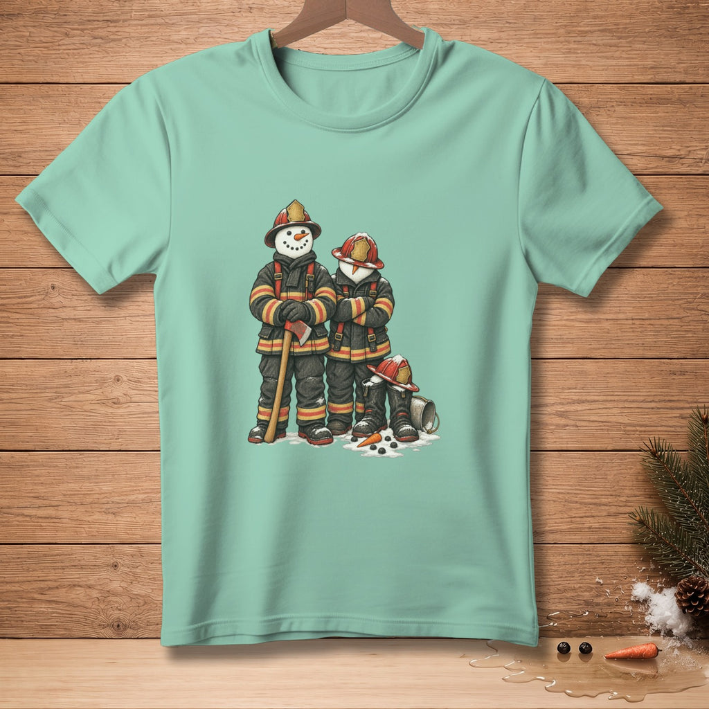 Two snowmen dressed as firefighters stand with an axe on a teal t-shirt.