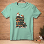 Two snowmen dressed as firefighters stand with an axe on a teal t-shirt.
