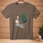 Snowman wearing a hat and scarf next to a peacock with fanned tail feathers.