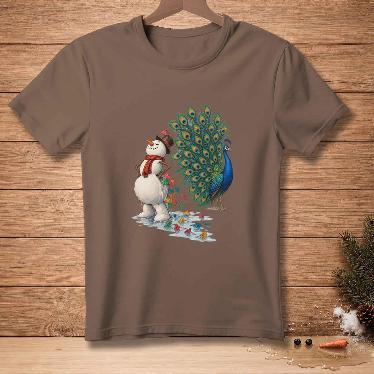 Snowman wearing a hat and scarf next to a peacock with fanned tail feathers.