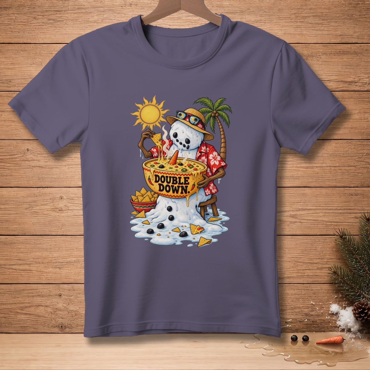 Melting snowman in Hawaiian shirt eating nachos with "DOUBLE DOWN" text.
