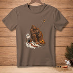 Bigfoot roasting a marshmallow with "I LIKE IT CRISPY" sign beside melting snowman.