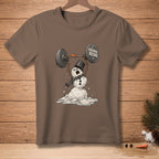 Melting snowman in top hat and scarf lifts barbell with "Personal Record" weight.