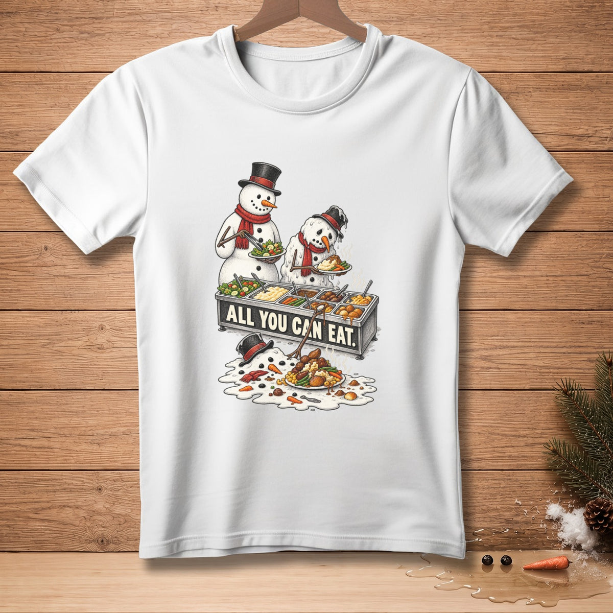 Two snowmen serve themselves from an "All You Can Eat" buffet with melting snow.