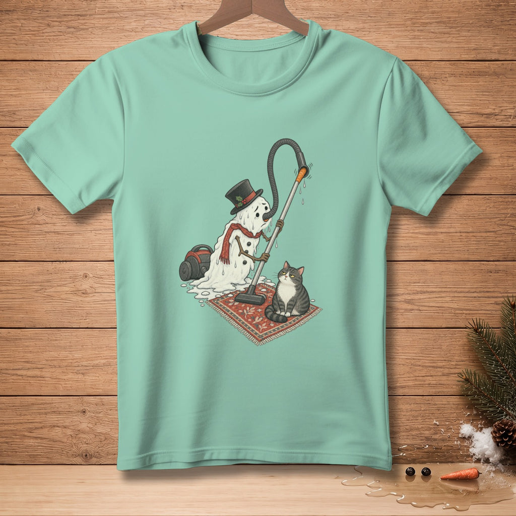 Melting snowman with top hat and scarf uses vacuum cleaner on a rug with a cat.