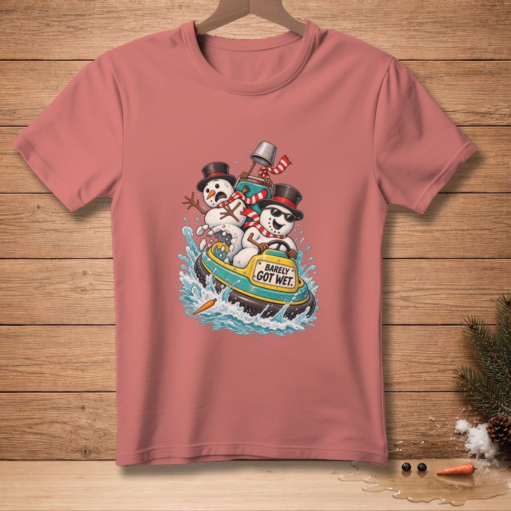 Snowmen in a bumper boat with text "Barely Got Wet"