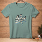 Two snowmen in a canoe with oars, text "PULL!".